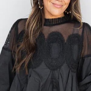 Black Sheer Yoke Crochet Peplum Blouse by